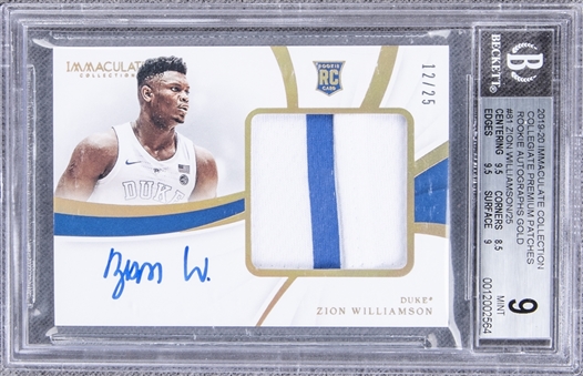 2019/20 Immaculate Collection "Collegiate Premium Patches - Gold" #81 Zion Williamson Signed Rookie Card (#12/25) – BGS MINT 9/BGS 10